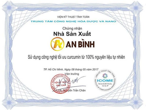 Giấy chứng nhận của tinh bột nghệ An Bình