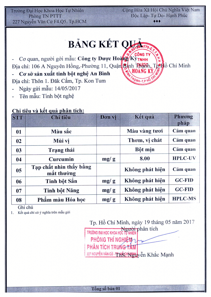 Giấy chứng nhận của tinh bột nghệ An Bình