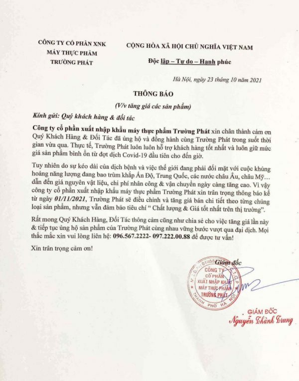 Thông Báo Điều Chỉnh Giá Sản Phẩm
